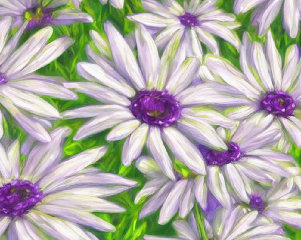 Colorful Purple and White Daisy-Like Flowers on Green Foliage Background