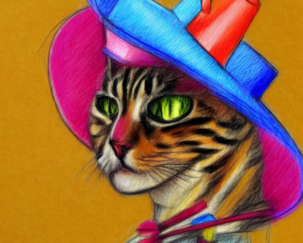 Colorful Tabby Cat Drawing with Whimsical Hat and Green Eyes on Golden Background