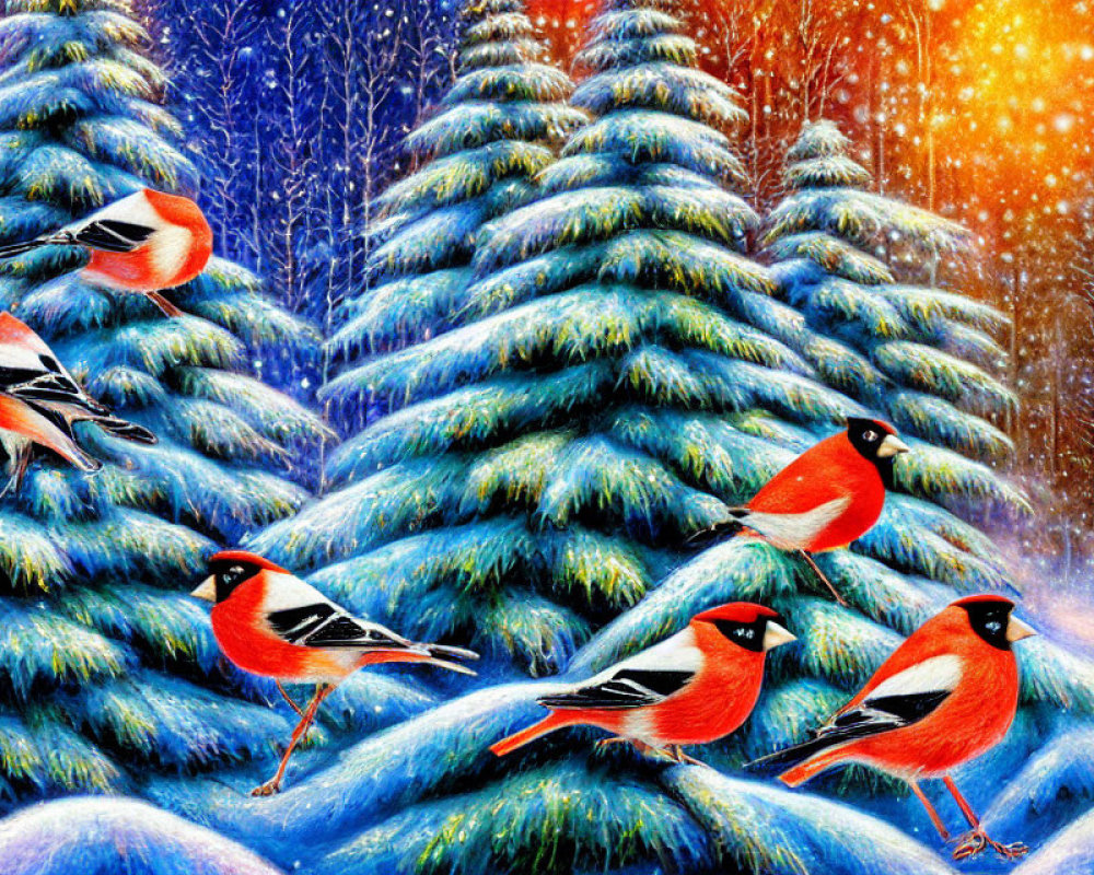 Vibrant painting of red cardinals on snowy fir trees under starry sky