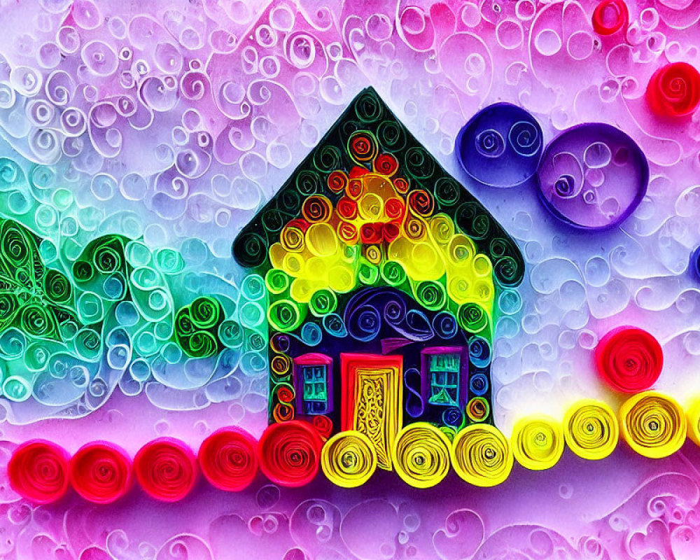 Colorful Quilled House with Floral Landscape on Bubble Textured Background