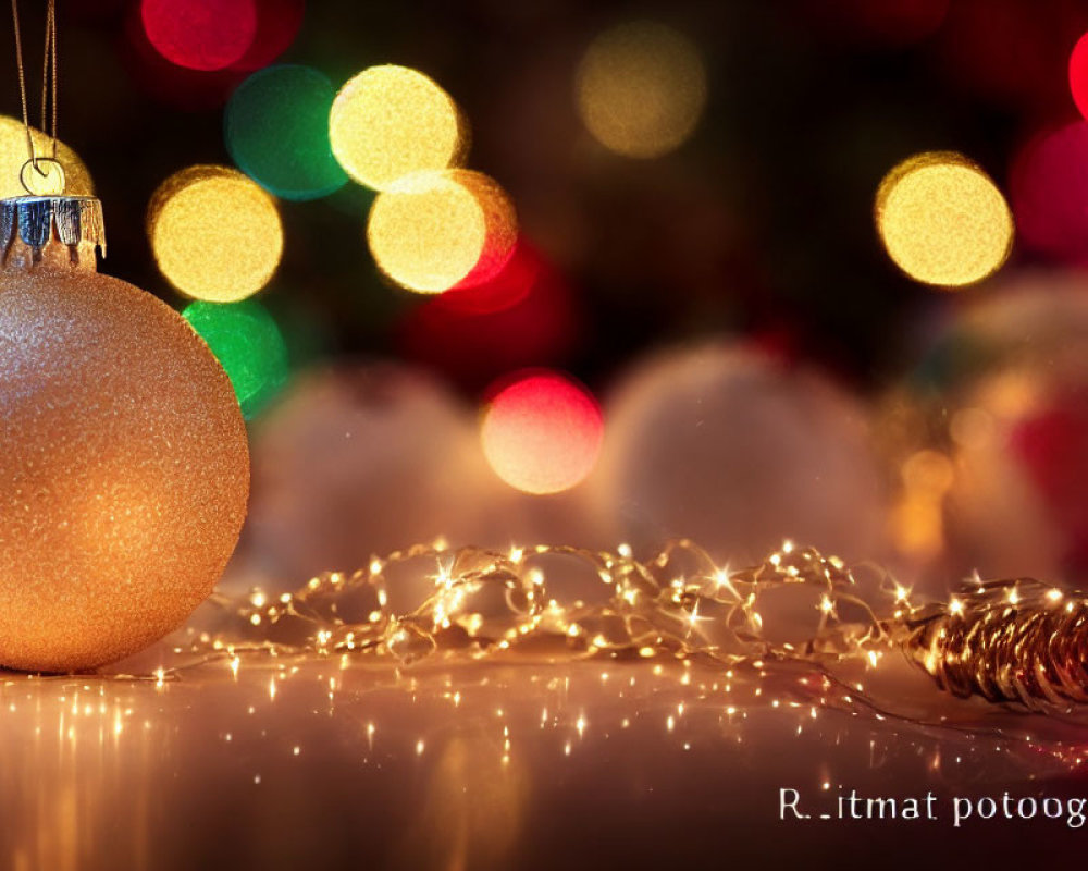 Golden Christmas Bauble with Colorful Holiday Lights in Background