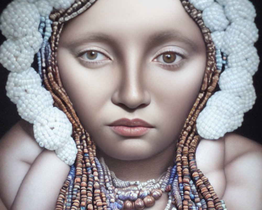 Portrait of a person with pale skin in colorful bead headdress and necklaces