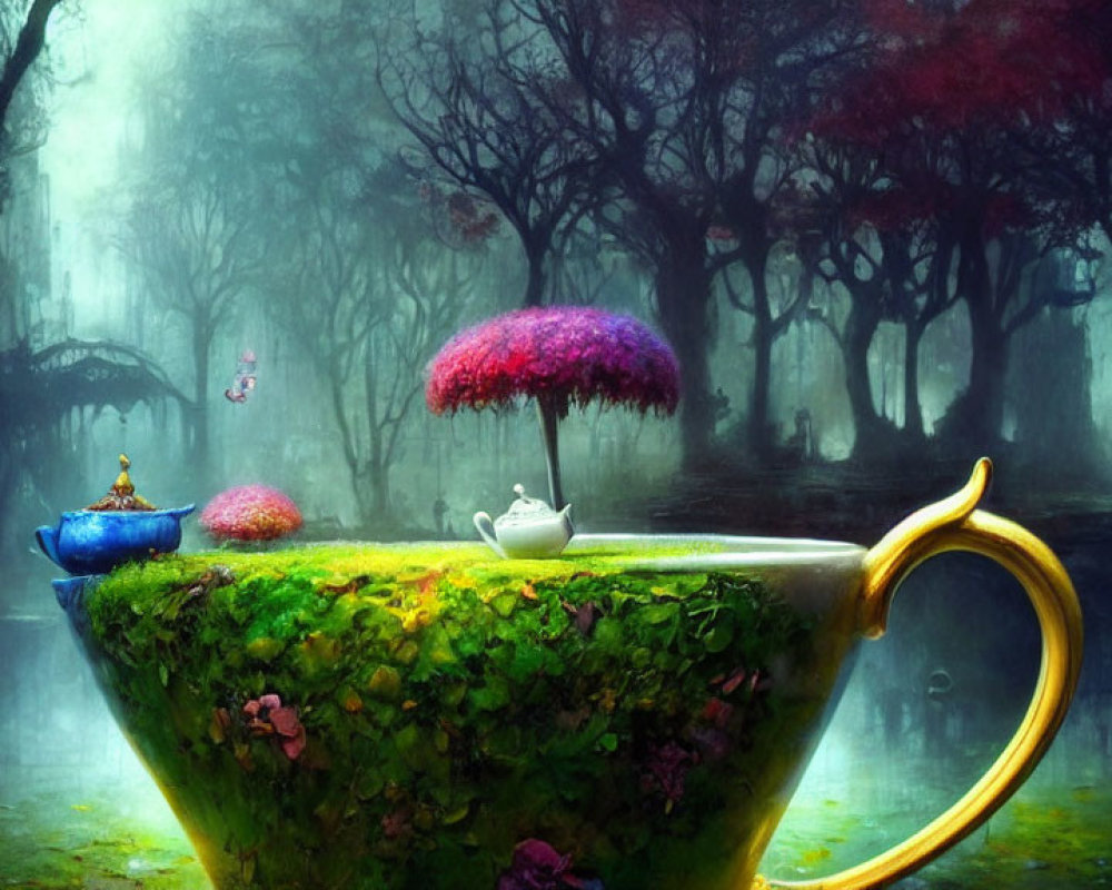 Oversized teacup with plants in enchanted forest setting