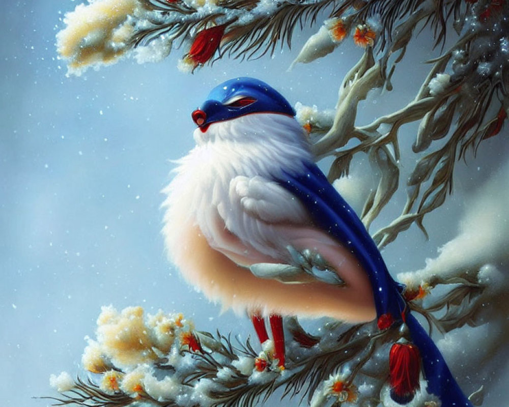 Blue bird with red beak perched on snowy branch with red berries and pine needles