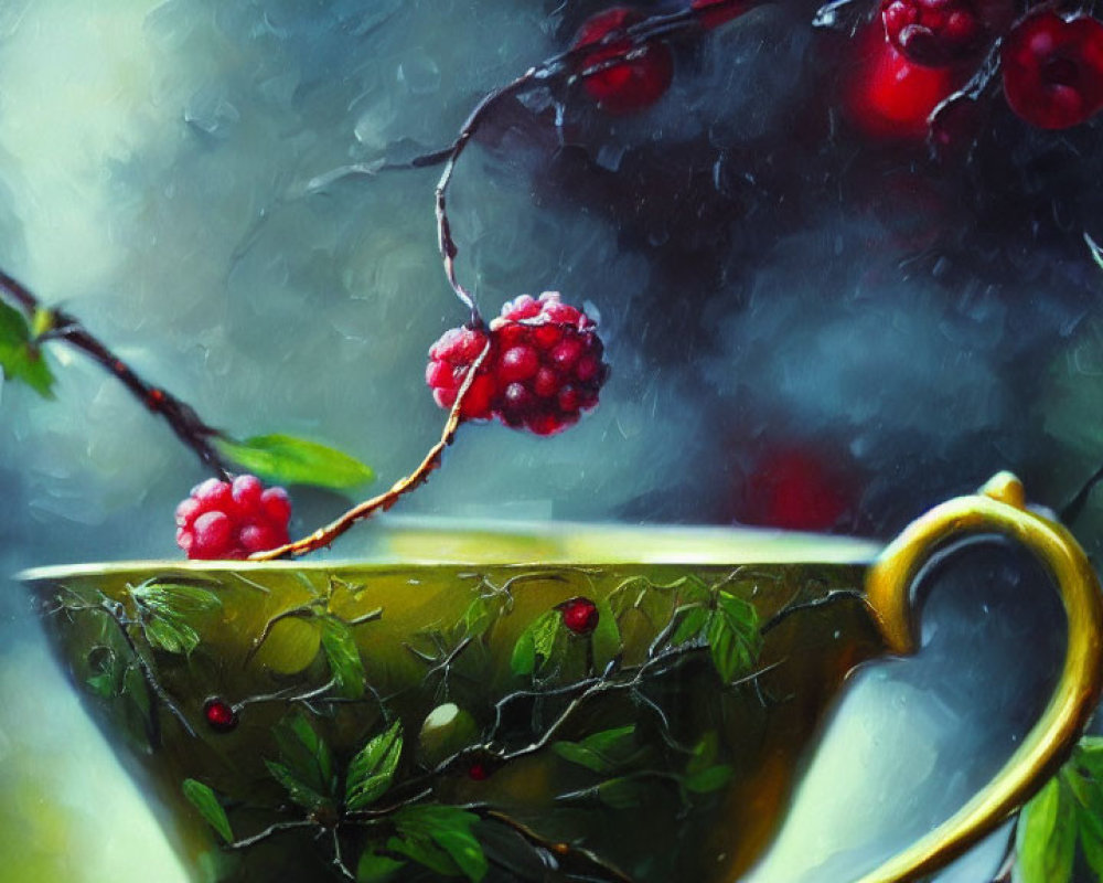 Golden cup painting with foliage, red berries, and raspberry cluster on raindrop-speckled background