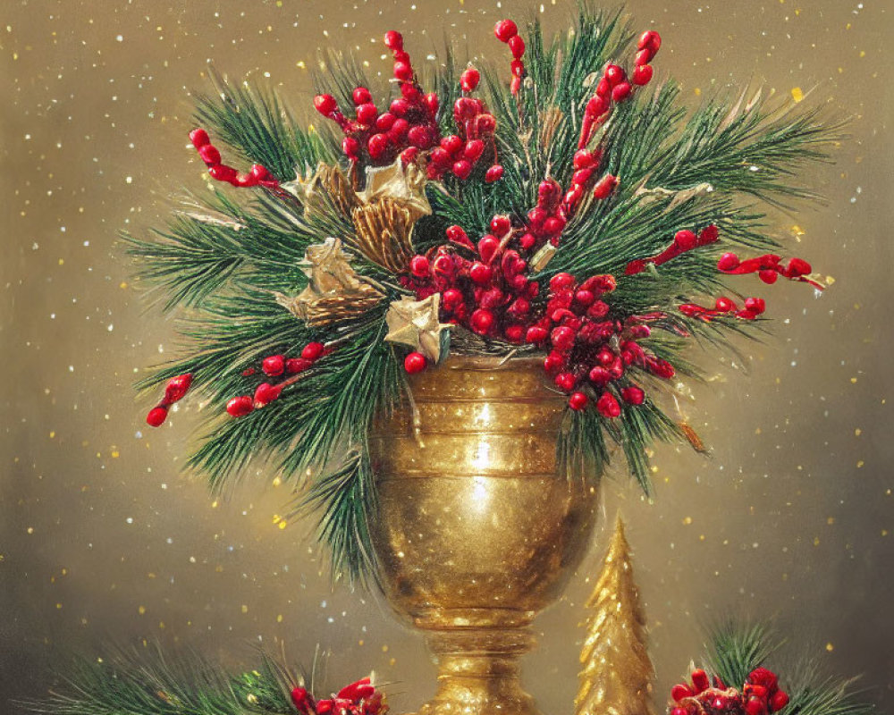 Festive holiday arrangement with red berries and green pine branches in golden vase