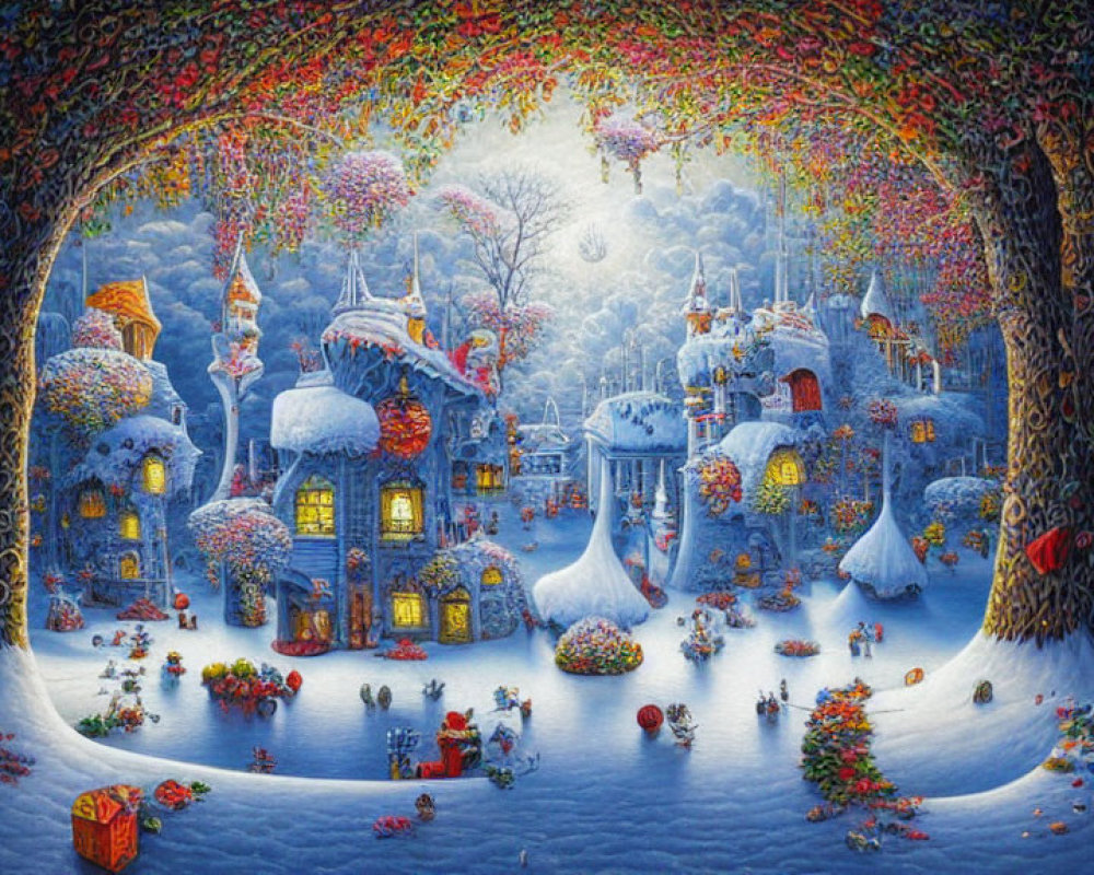 Whimsical winter village scene with snow-covered trees and colorful decorations