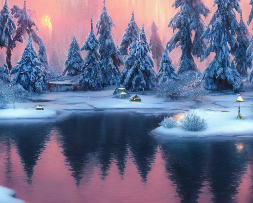 Twilight scene of snow-covered pine trees, frozen lake, lantern glow, and colorful tents.