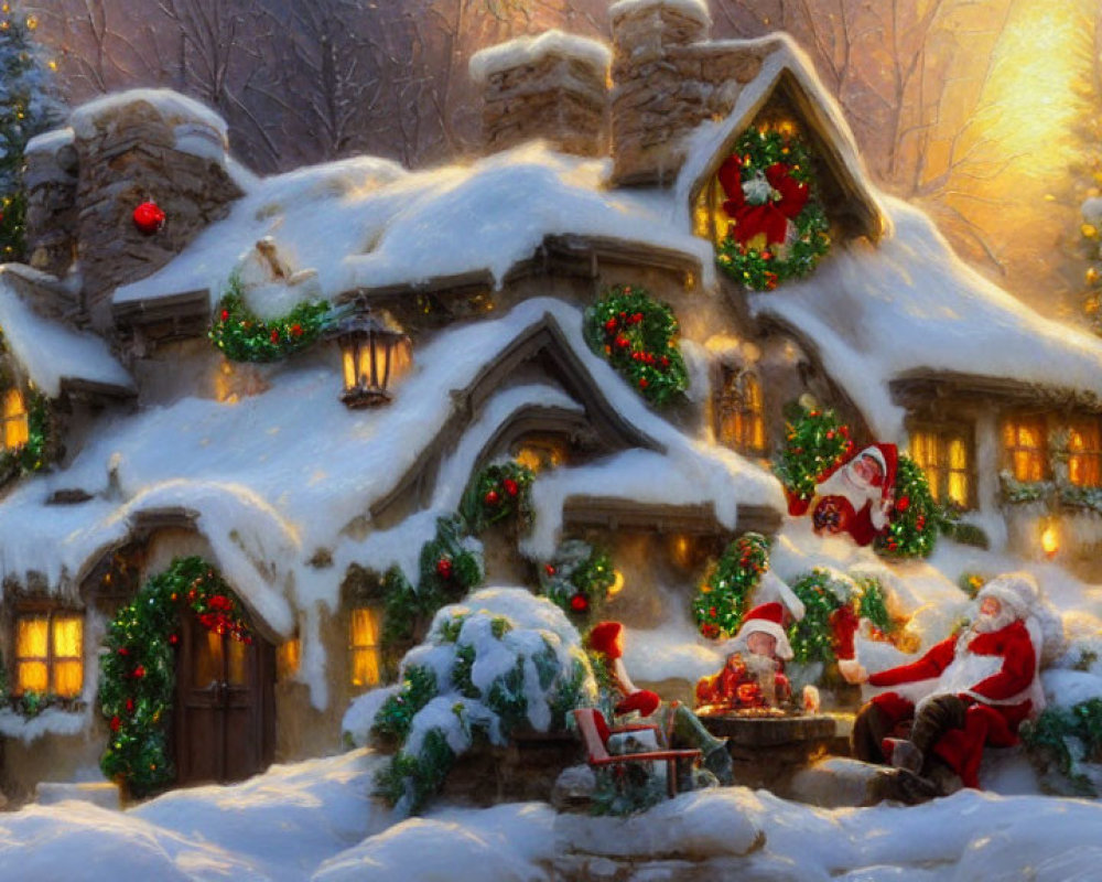 Festive snow-covered cottage with Christmas decorations and Santa and reindeer outside