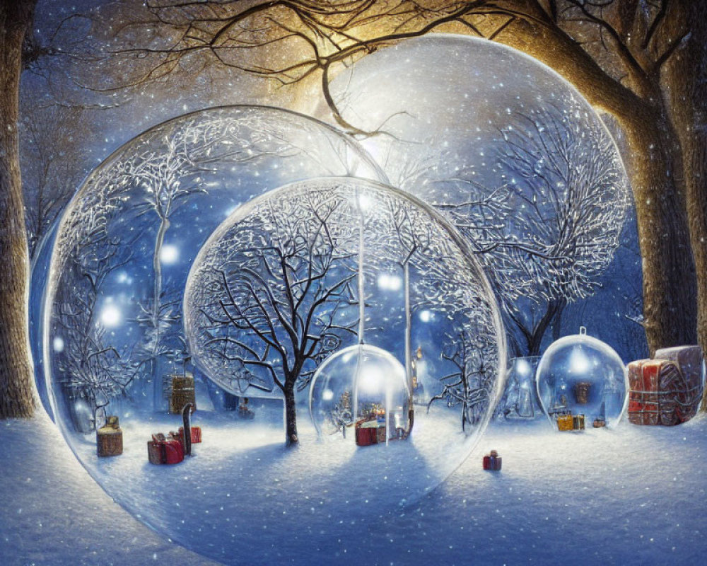 Winter scene with glowing bubbles, lanterns, and gifts under twilight sky