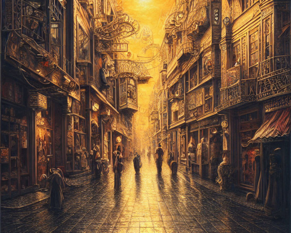 Fantasy street scene with ornate buildings and glowing lanterns