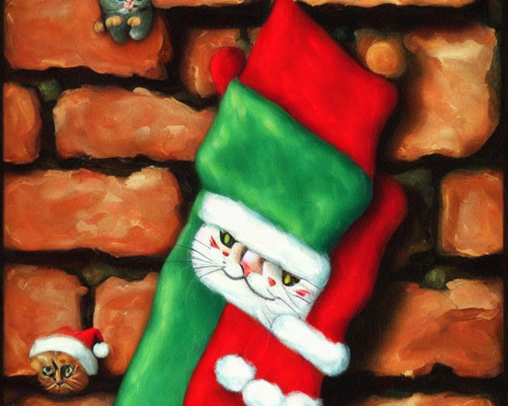 Three Cats Peeking from Christmas Stockings on Brick Wall