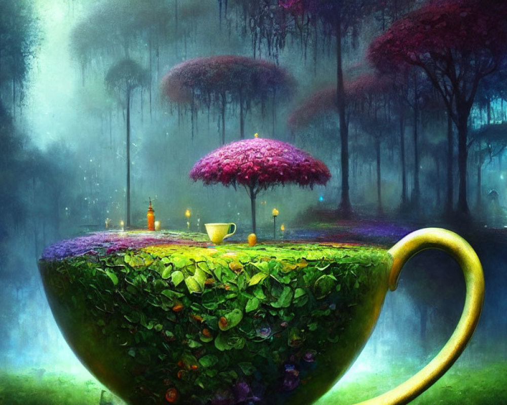 Oversized teacup garden in mystical forest with candles and tree