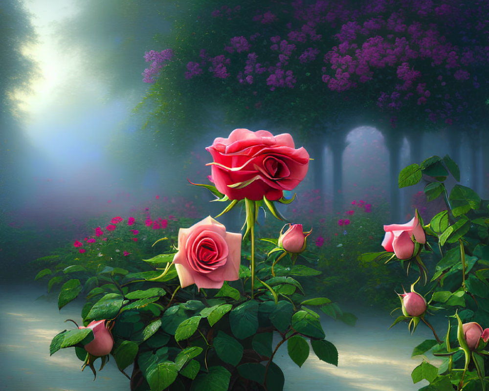 Ethereal garden scene with vibrant red roses and misty backdrop