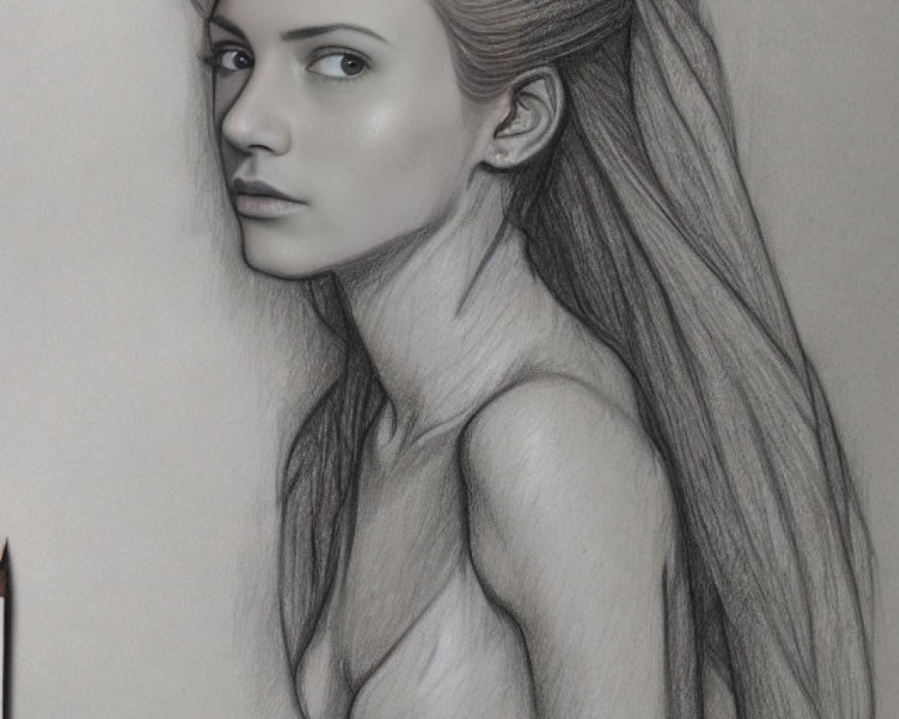 Detailed pencil sketch of woman with flowing hair and realistic facial features.