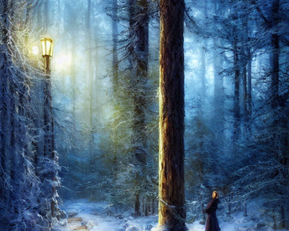 Enchanted snowy forest scene with cloaked figure and glowing lantern