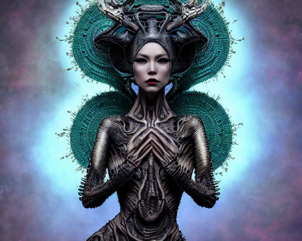 Elaborate Antler-Like Headpiece on Female Figure in Cosmic Setting