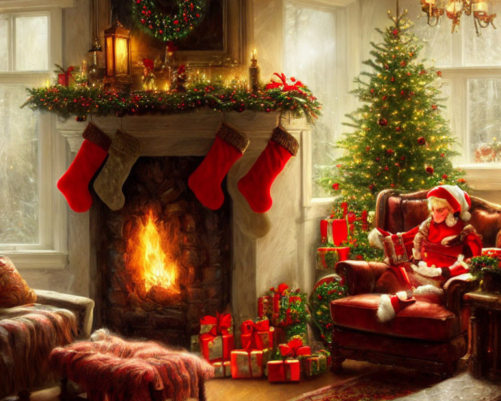 Warm Fireplace and Christmas Decor with Child in Santa Hat Reading