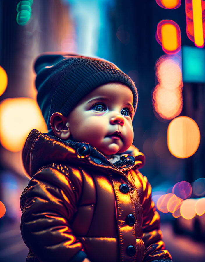 Toddler in warm jacket and beanie under city lights.