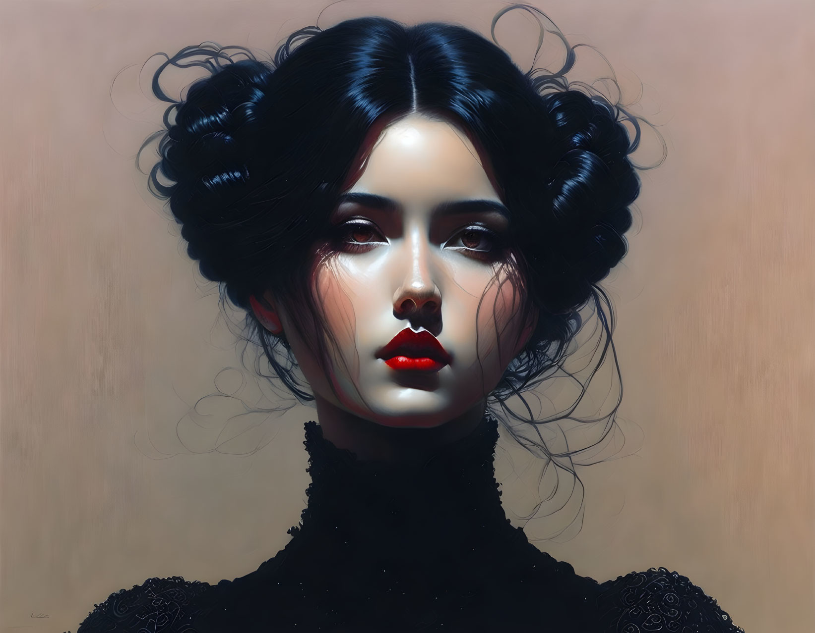 Portrait of Woman with Pale Skin, Dark Hair, Red Lips, and High-Neck Outfit