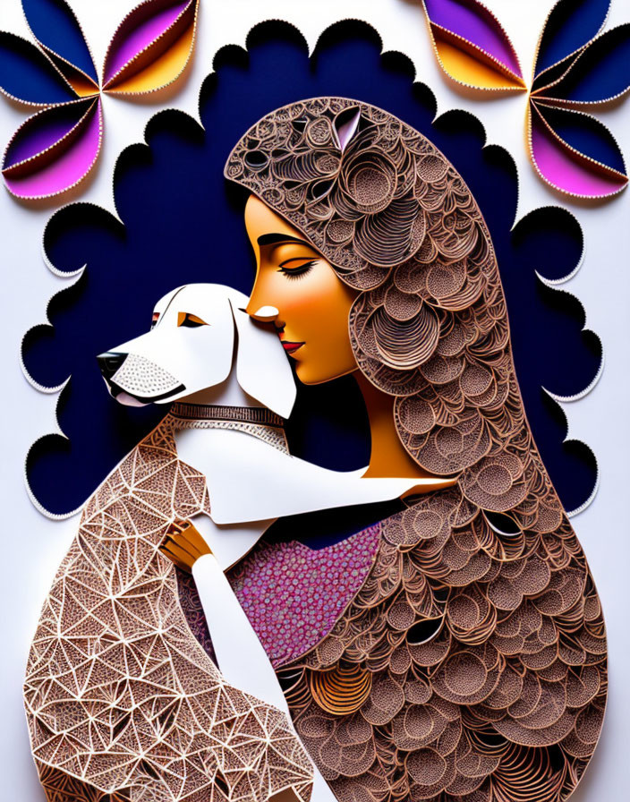 Woman embracing dog with intricate patterns against colorful floral backdrop