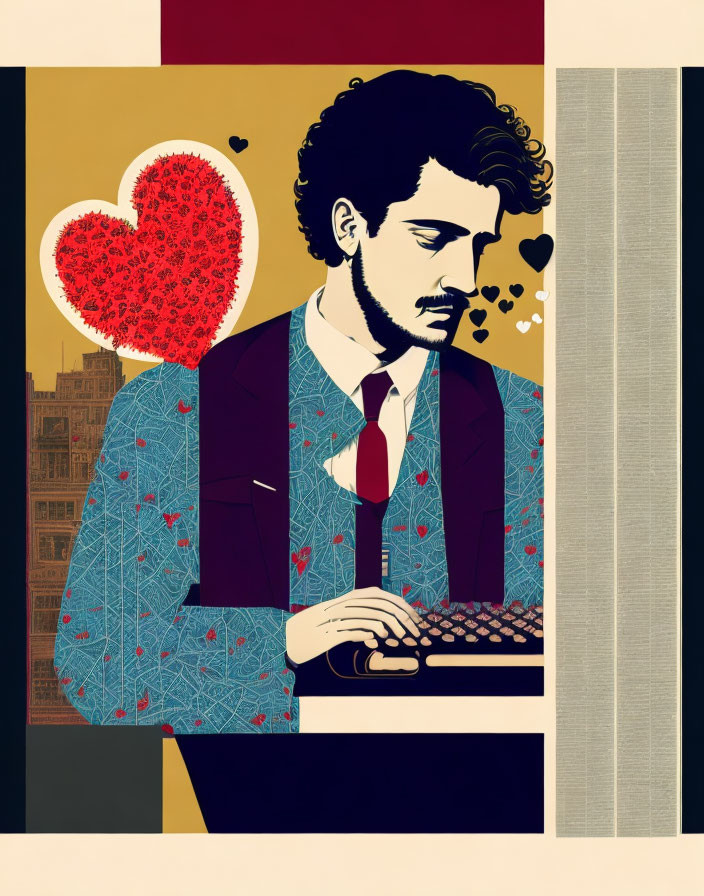 Man typing on keyboard with red heart and abstract background