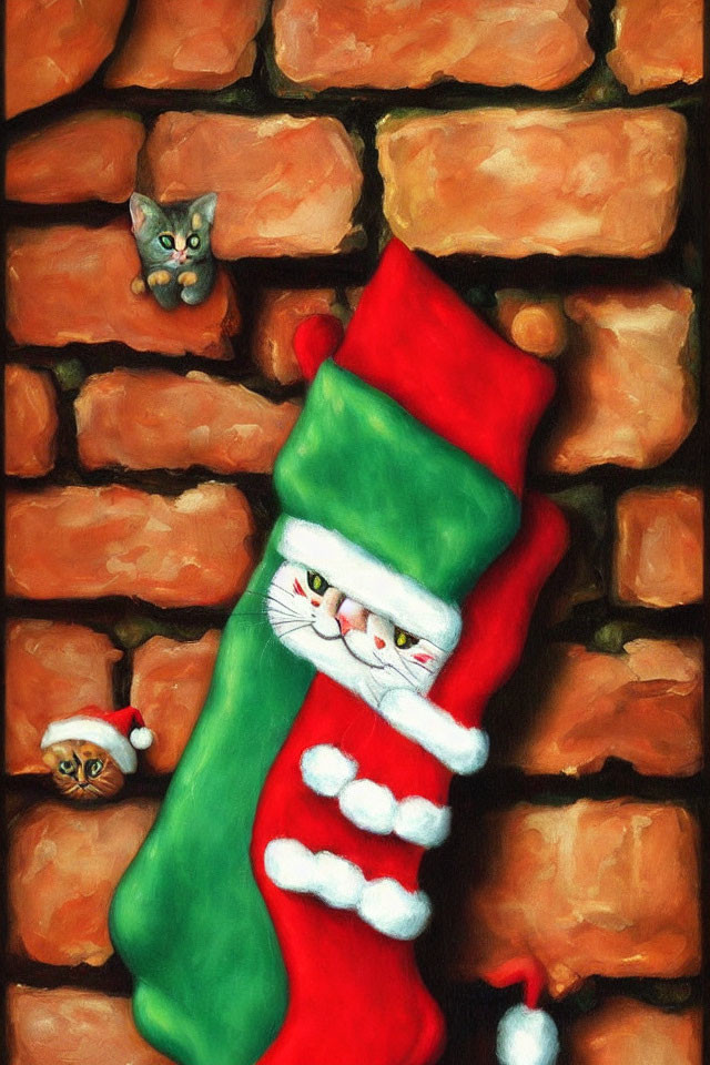 Three Cats Peeking from Christmas Stockings on Brick Wall