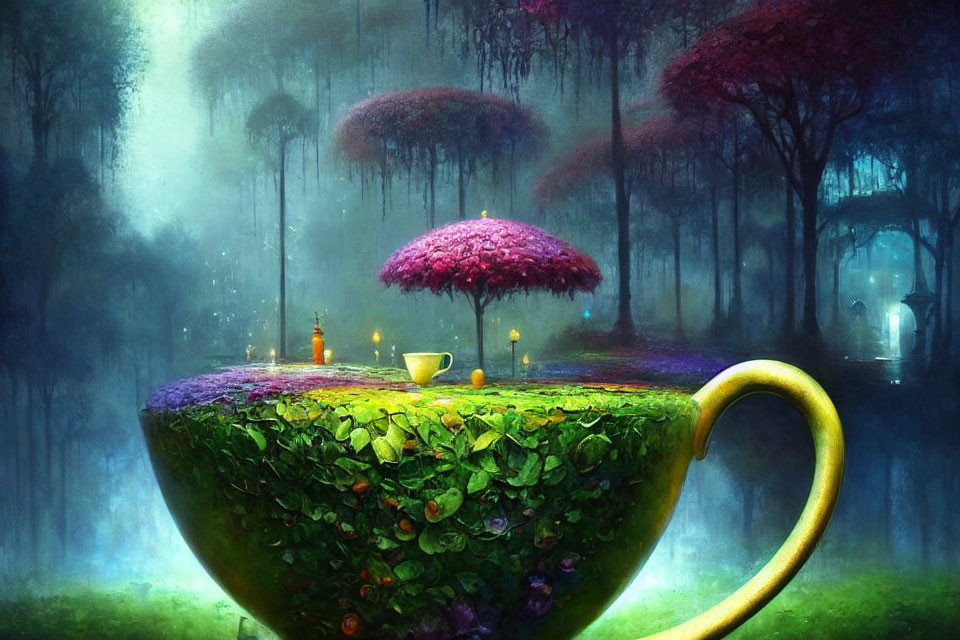 Oversized teacup garden in mystical forest with candles and tree