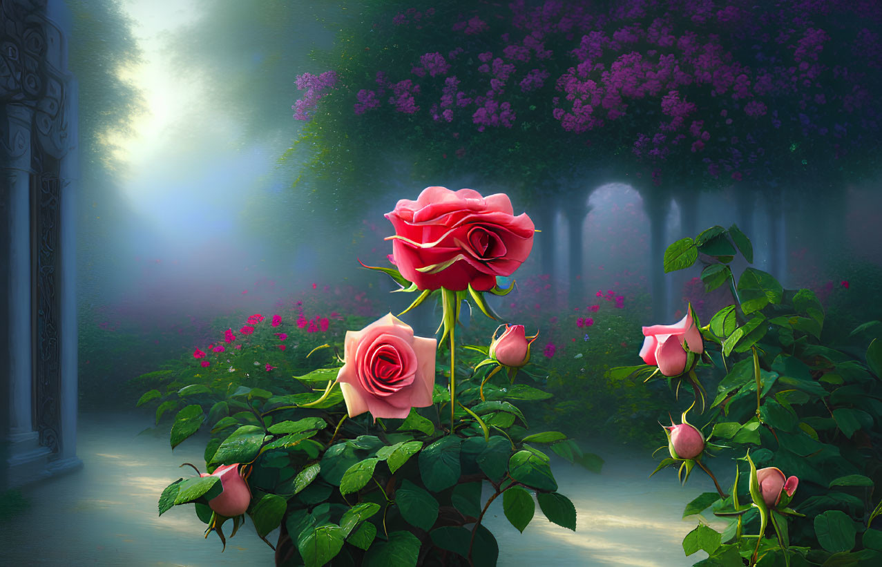 Ethereal garden scene with vibrant red roses and misty backdrop