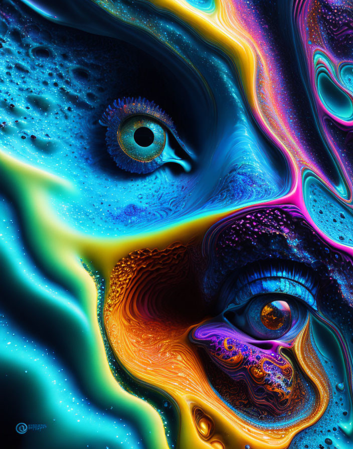 Colorful Digital Artwork Featuring Realistic Eyes in Neon Swirls