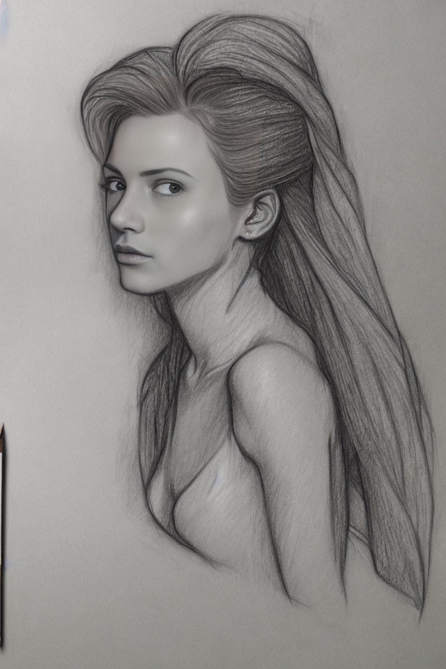 Detailed pencil sketch of woman with flowing hair and realistic facial features.