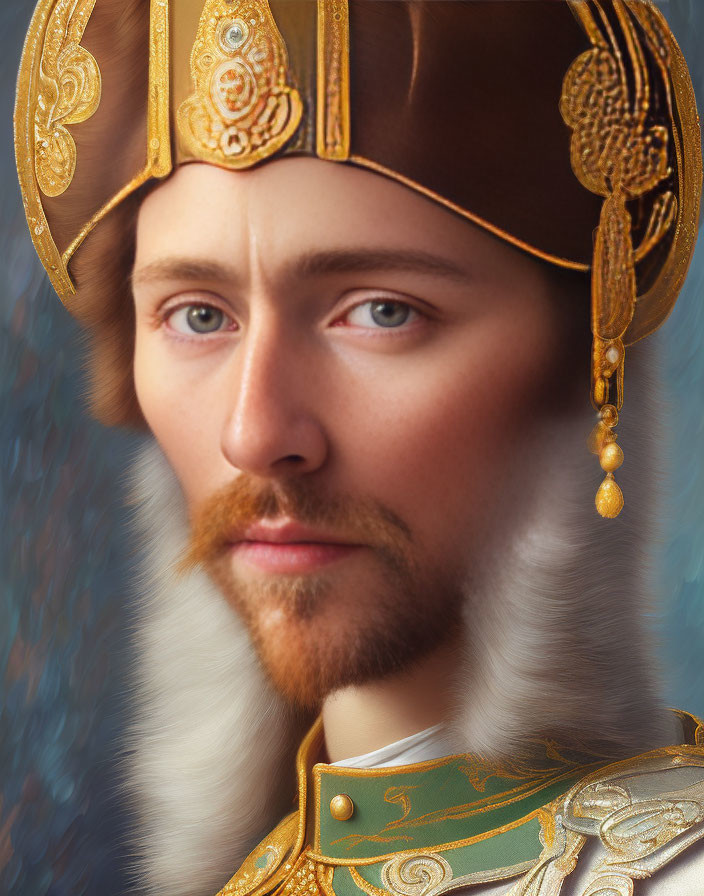 Detailed portrait of a man with fur collar, golden headpiece, earrings, mustache, and beard