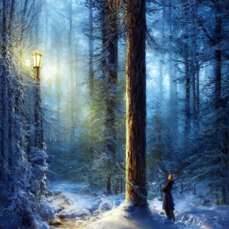 Enchanted snowy forest scene with cloaked figure and glowing lantern