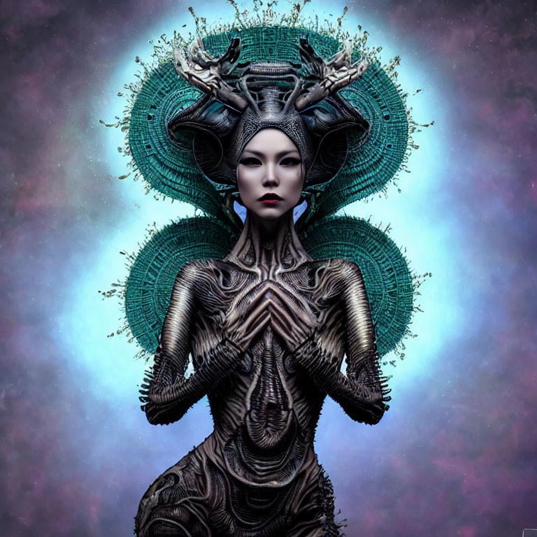 Elaborate Antler-Like Headpiece on Female Figure in Cosmic Setting