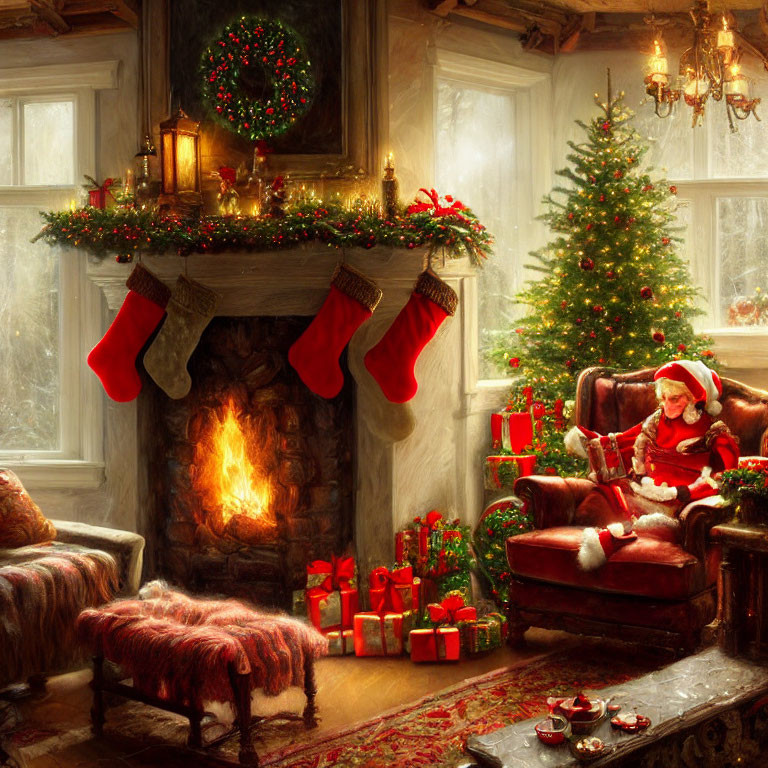 Warm Fireplace and Christmas Decor with Child in Santa Hat Reading