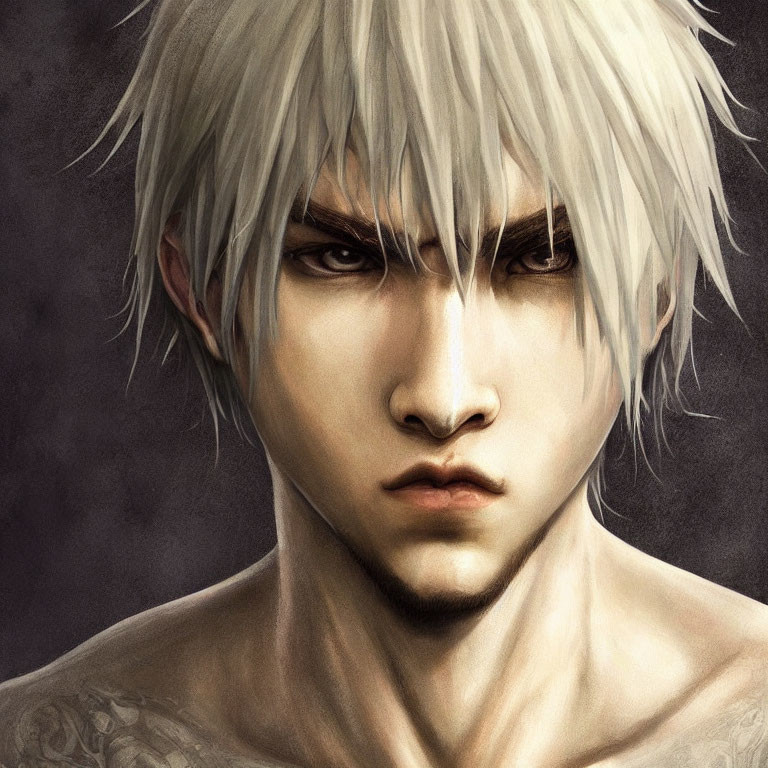 Young man with white hair, piercing gaze, tattoos, dark background