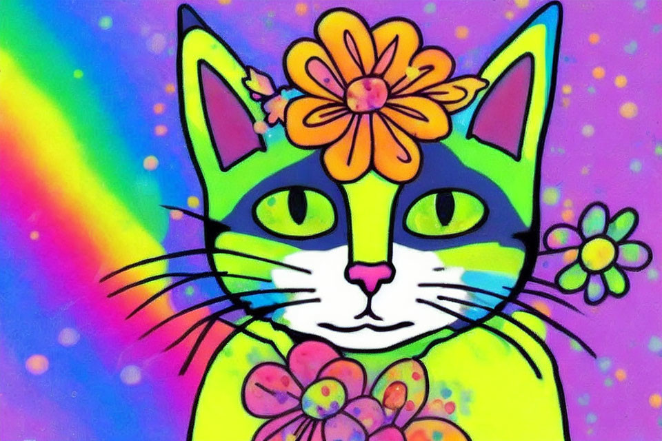 Vibrant Cat with Flower Design on Psychedelic Background