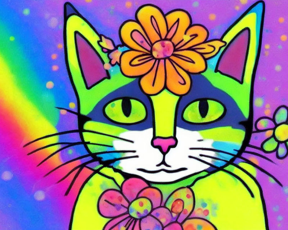 Vibrant Cat with Flower Design on Psychedelic Background