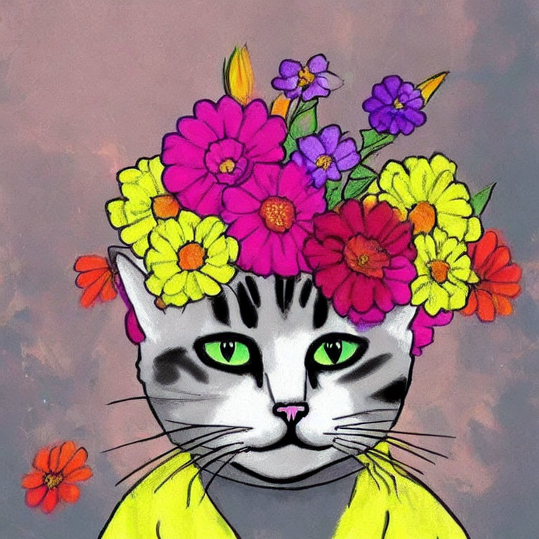 Colorful Flower Bouquet Cat Illustration on Pink Background