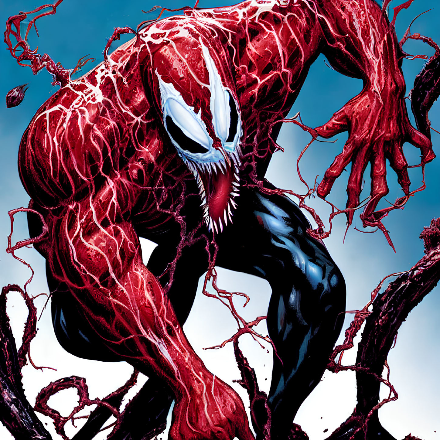 Vibrant red and black symbiote character on blue background