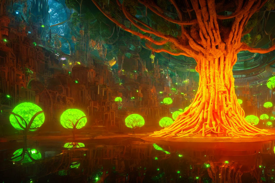 Ethereal fantasy scene: Glowing tree, magical surroundings.