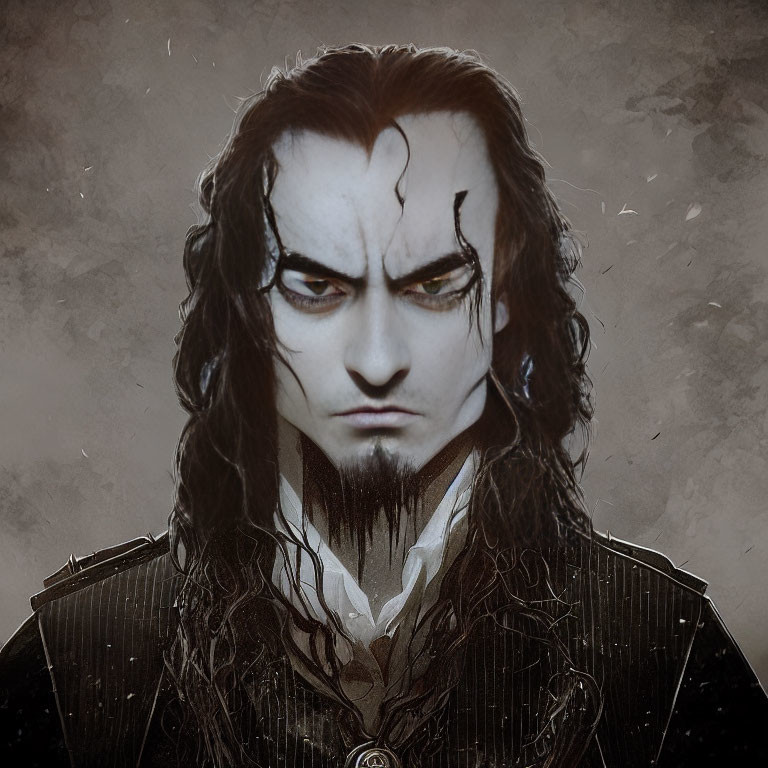 Somber man with black hair and scar in gothic attire on grunge background