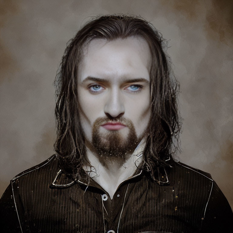 Man with Wet Hair, Blue Eyes, and Beard on Brown Background wearing Striped Shirt