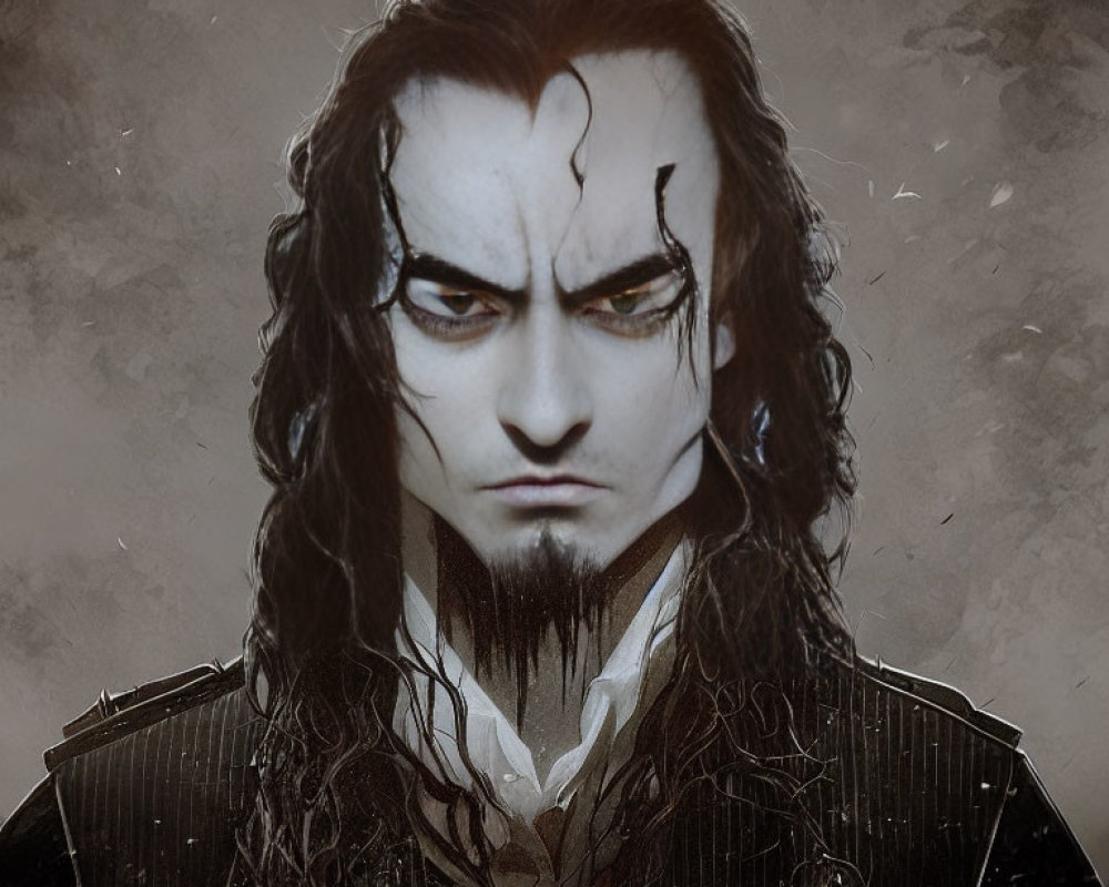 Somber man with black hair and scar in gothic attire on grunge background