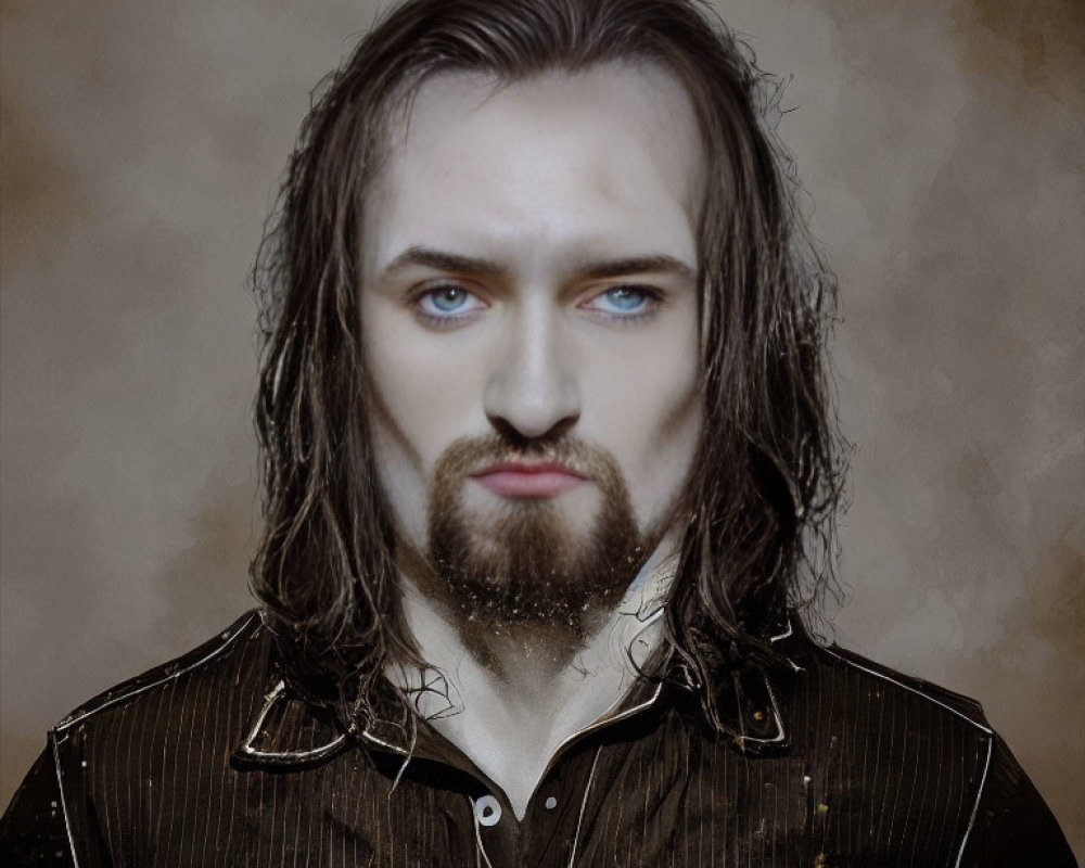 Man with Wet Hair, Blue Eyes, and Beard on Brown Background wearing Striped Shirt