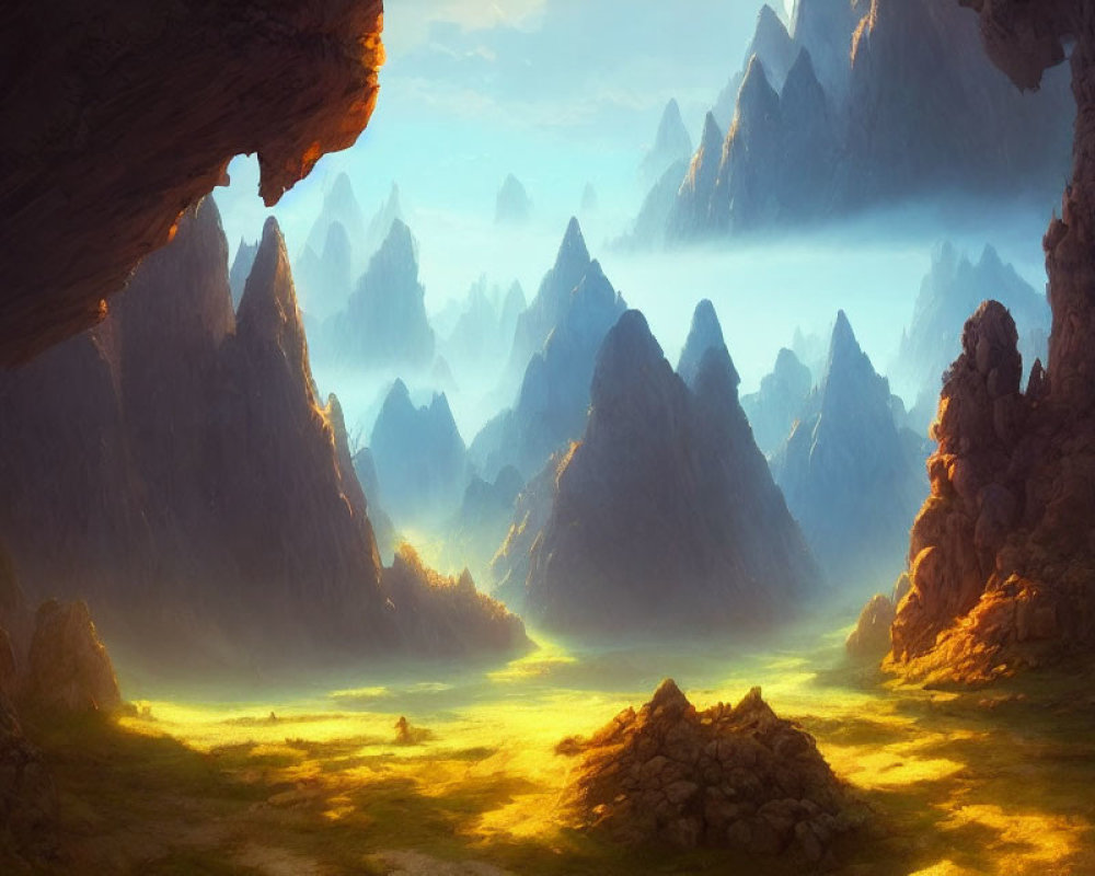 Mystical landscape with towering mountains and sunlit valley