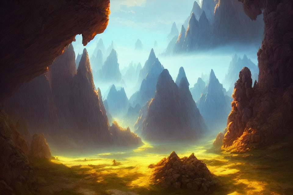 Mystical landscape with towering mountains and sunlit valley