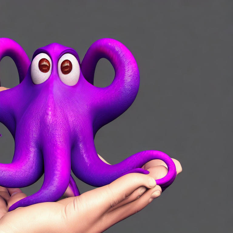 Colorful Cartoon Octopus Resting on Human Hand Against Grey Background