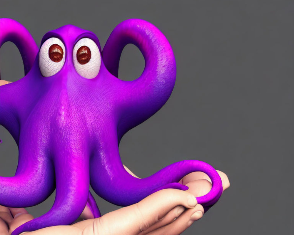 Colorful Cartoon Octopus Resting on Human Hand Against Grey Background