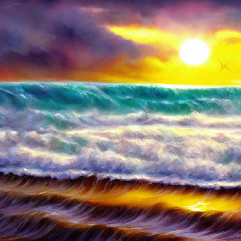 Colorful sunset painting with ocean waves and warm sunlight